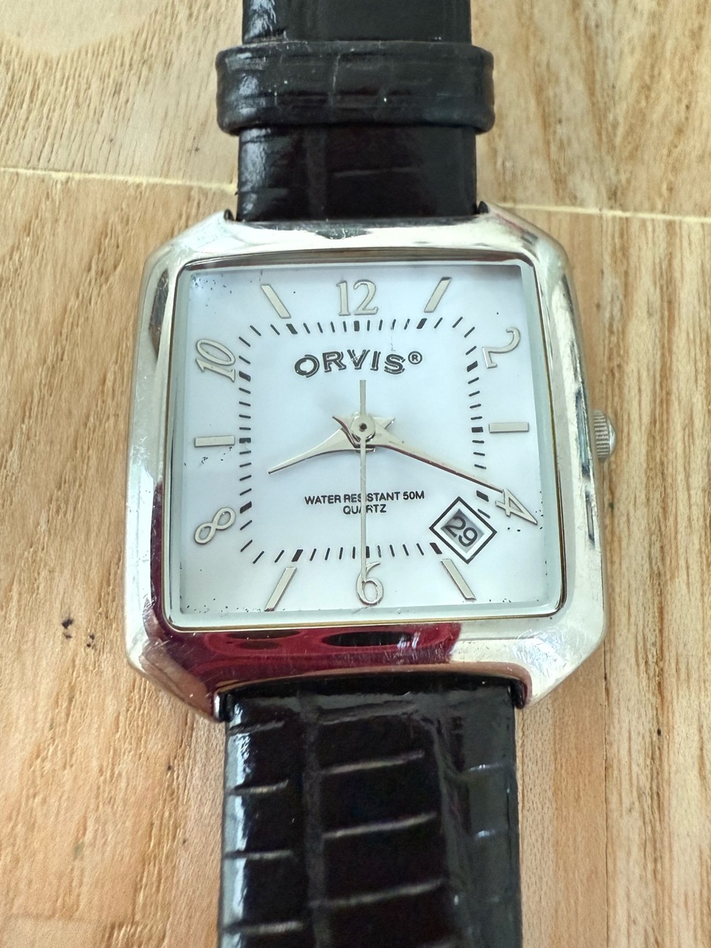 Orvis ladies silver tone black leather watch NEW BATTERY